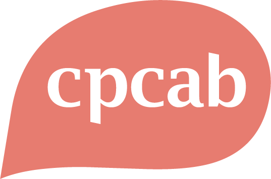 cpcab logo in white text inside a peach speech bubble shape.