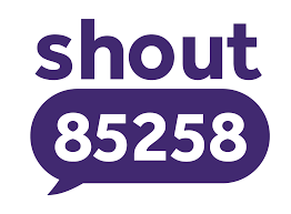 Logo with the word 'shout' in purple above a purple speech bubble containing the white number 85258.