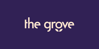 Text logo reading 'the grove' with a leaf symbol integrated into the letter 'o' on a dark blue background.